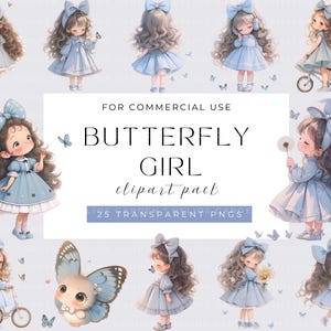 Mädchen und Schmetterling Clipart, Watercolor, wunderliches Mädchen, lustiges Mädchen, Aquarell PNG, Sofort Download, Junk Journal, Papiermodelle, süßes Mädchen