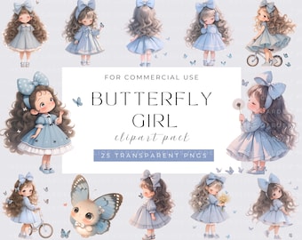 Clipart de niña y mariposa en acuarela: PNGs caprichosos (descarga digital)
