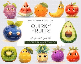 Schrullig Obst Clipart, Aquarell Früchte PNG Bundle, Obst Sublimation, Apfel, Banane, Avocado, Wassermelone, Erdbeere, digitaler Download