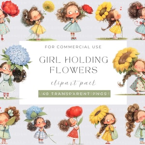 Watercolor Quirky Flower Girls Clipart Quirky Girl Kawaii Digital Download Adorable Girl Illustrations Characters for Crafting Design
