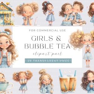 Quirky Girls and bubble tea Clipart Quirky Girl Kawaii Digital Download Adorable Girl Illustrations Characters for Crafting Design