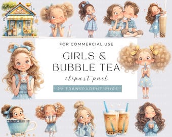 May include: Digital clipart pack of 29 transparent PNG images featuring girls and bubble tea. The images include girls with different hairstyles and outfits, holding bubble tea cups, and some with cute animals. The text "FOR COMMERCIAL USE GIRLS & BUBBLE TEA clipart pack 29 TRANSPARENT PNGS" is at the bottom of the image.