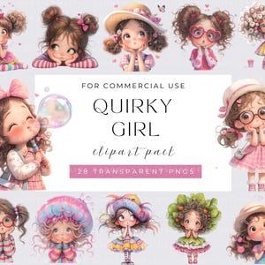 Girl Clipart, Watecolor Whimsical Girl, Funny girl, Quirky girl, Watercolor PNGs, Instant Download, Fantasy Junk Journal, Cute Girl