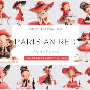 Watercolor Parisian Chic Red Clipart Elegant Parisian Fashion Parisian Style Clipart Pack Vintage Parisian Elements Quirky Girl