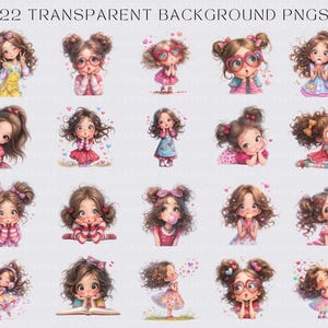 Puede incluir: Un conjunto de 22 im&aacute;genes PNG con fondo transparente, que representan a chicas de dibujos animados en diversas poses y atuendos. Las chicas tienen ojos grandes y mejillas rosadas, con corazones y otras decoraciones. El texto "22 TRANSPARENT BACKGROUND PNGS" est&aacute; en la parte superior.