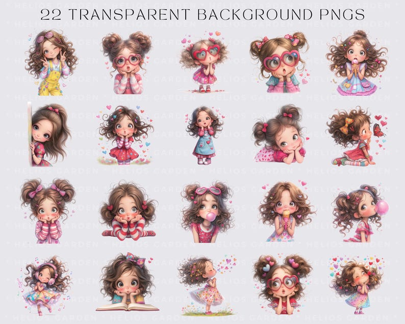 Puede incluir: Un conjunto de 22 im&aacute;genes PNG con fondo transparente, que representan a chicas de dibujos animados en diversas poses y atuendos. Las chicas tienen ojos grandes y mejillas rosadas, con corazones y otras decoraciones. El texto "22 TRANSPARENT BACKGROUND PNGS" est&aacute; en la parte superior.