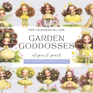 Conjunto de imágenes prediseñadas de lindas diosas del jardín en acuarela, chicas extravagantes haciendo jardinería, imágenes PNG de jardinería en acuarela para tarjetas de álbumes de recortes, diarios basura