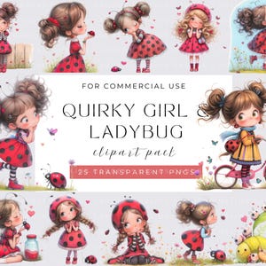 Quirky Girl and Ladybug Clipart, Girl whisper Commercial Use, Whimsical Ephemera, Watercolor PNGs, Download, Junk Journal, Paper Craft