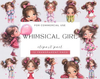 Quirky Girl Clipart, Watecolor Whimsical Girl, Watercolor PNGs, Instant Download, Fantasy Junk Journal, Paper Craft, Cute Girl