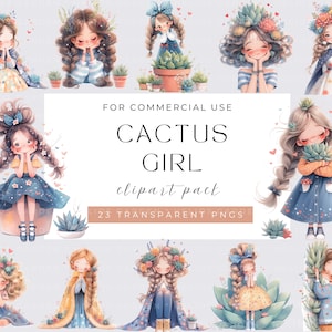 サボテンガールズクリップアート風変わりな女の子かわいいデジタルダウンロード愛らしい女の子かわいい女の子のイラストクラフトデザイン用キャラクター