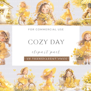 Watercolor Cozy day Clipart Girls Clip Art, Cute Girl countryside PNG, Sweet home, Spring, Cozy heeling  spring time flower clipart