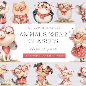 Clipart d'animaux originaux Illustrations d'animaux portant des lunettes Graphismes d'animaux mignons Animal fantaisiste Motifs d'animaux ludiques