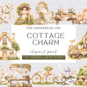 Watercolor Cottagecore Charm Clipart, Cottage Clip Art, Rustic ClipArt, Planner Stickers, Vintage PNG, Digital Download, Commercial Use