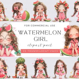 Girl clipart, girl with watermelon clipart, cute girl with watermelon png, scene with watermelon, Watermelon clipart, summer