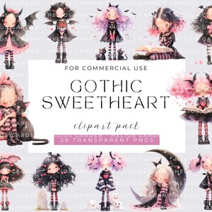 Quirky Girl Clipart, Gothic Sweetheart Clip Art, Cute Girl, Watercolor Mystical Clipart, PNG, Digital Stickers, Commercial Use