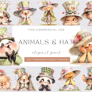 Aquarell schrullig Tier und Hut Clipart Bundle Tiere Clipart PNG Süße Tiere königliche Tiere Romantische Tier wunderliche Tiere