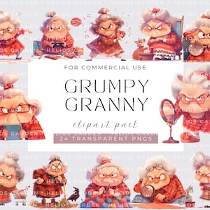 Watercolor Grumpy Granny Old lady Clipart Bundle Cozy Granny Commercial use Instant Download Paper Crafts Junk Journal Scrapbooking