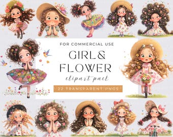 Girl and flower Clipart, Watecolor Whimsical Floral Girl, Watercolor PNGs, Instant Download, Fantasy Junk Journal, Paper Craft, Cute Girl