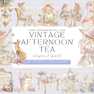Clipart acquerello del tè pomeridiano, tè vintage, PNG trasparenti, tazze da tè, invito alla festa pomeridiana, ora del tè, clipart di cupcake, diario