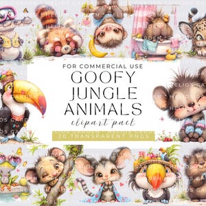 Clipart aquarelle d'animaux originaux Illustrations d'animaux de la jungle loufoques Graphismes d'animaux mignons Animal fantaisiste