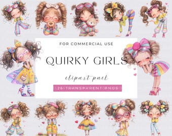Skurrile Mädchen Clipart Wunderliche Mädchen Kawaii digitaler Download entzückende Mädchen niedlich Illustrationen Charaktere für Handwerk Design digitales Handwerk