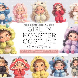 Filles originales en costume de monstre Clipart Fille fantasque Filles mignonnes Personnages mignons Designs de rêve pour scrapbooking Faire-parts Stickers