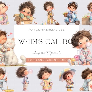 Watercolor Boy Clipart, Whimsical Boy, Funny boy, Quirky boy, Watercolor PNGs, Instant Download, Fantasy Junk Journal, boy and cat