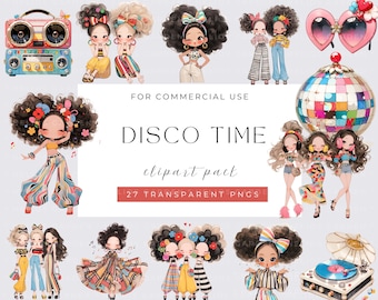 May include: A digital clipart pack with a disco theme. The image features illustrations of cartoon characters in colorful outfits, a boombox, a disco ball, and a record player. Text includes "DISCO TIME" and "27 TRANSPARENT PNGS".