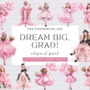 Colección de imágenes prediseñadas de niña de graduación en acuarela rosa, imágenes prediseñadas de flores de graduación, imágenes prediseñadas de birretes de graduación, imágenes prediseñadas de diploma, uso comercial