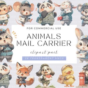 Clipart-set postdrager schattige dieren met schattige boswezens die brieven afleveren, perfect voor kinderkamerkunstontwerpen