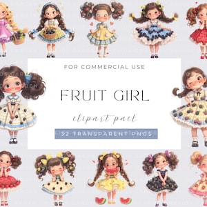 Acuarela Chicas con frutas extravagantes Clipart Chicas caprichosas Chicas lindas Personajes lindos Diseños de ensueño para Scrapbooking Invitaciones Pegatinas