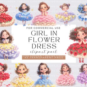 Aquarell schrullig Mädchen in Blumen Kleid Clipart, Blumen Mädchen, druckbare Aquarell Clipart, PNGs, digitaler Download, Papiermodell