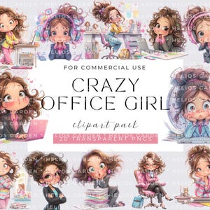 Paquete de imágenes prediseñadas de chicas de oficina locas en acuarela, ilustraciones de chicas divertidas y lindas, descarga digital de chicas peculiares para tarjetas de scrapbooking e impresiones.