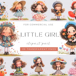 Kleines Mädchen Clipart, Vintage Mädchen Clipart, Aquarell Blumen Mädchen PNGs für Junk Journaling, Scrapbooking, Kartenherstellung, wunderliche Mädchen