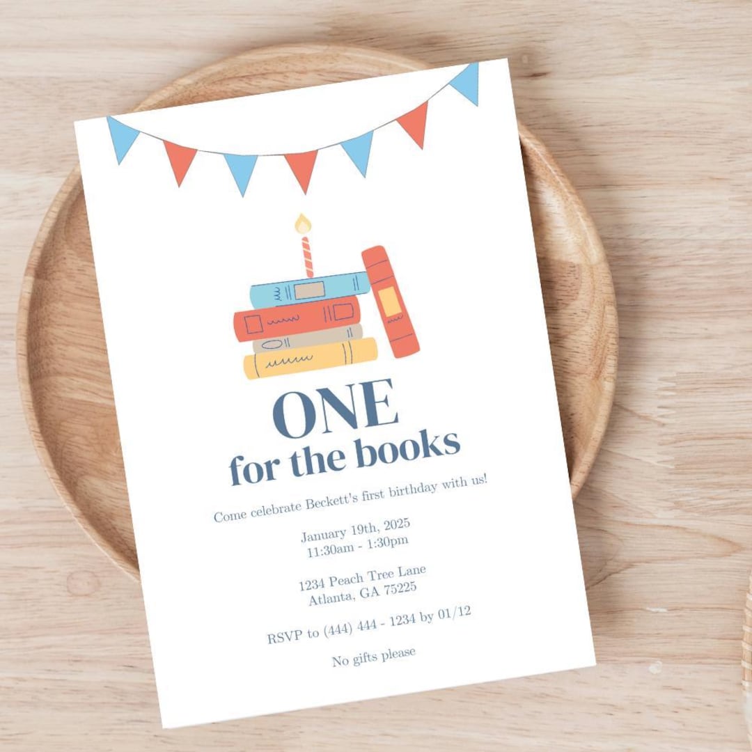 Book Themed First Birthday Invitation | ONE for the Books | Editable ...