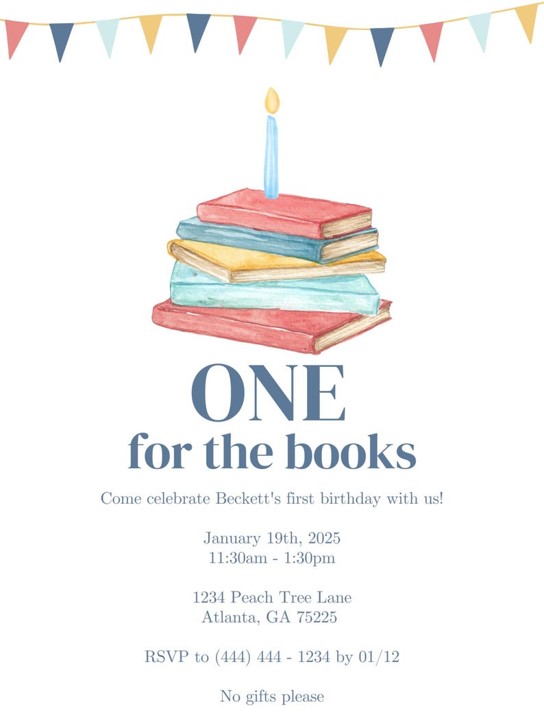 Book Themed First Birthday Invitation | ONE for the Books | Editable ...