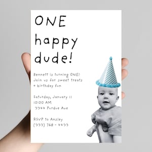 UN joyeux premier anniversaire | Invitation de fête d'anniversaire modifiable pour garçon | Modèle numérique de chapeau de fête bleu