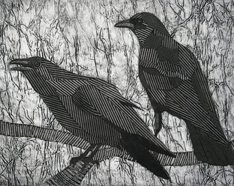 Crow Art, Raven Art, Black Birds, American Crows, Original Collograph Art Print - Black is Back 9