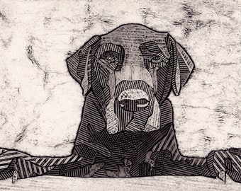 Labrador Retriever Art Collograph Print, Black and White, Black Lab - Dusk 13