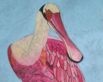 Roseate Spoonbill 5 - Original Fine Art Collograph Print, Pink Wading Bird