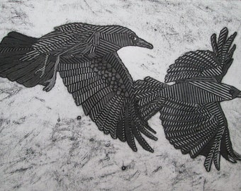 Raven Crow Art, Flying American Crows, Original Black and White Collagraph Print, Black Bird - As the Crows Fly 7