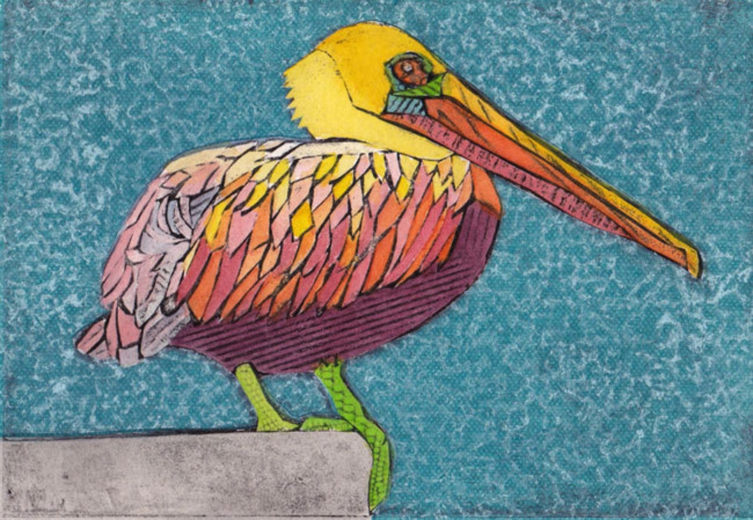 Pelican Art Print, Original Fine Art Collograph, Large Waterbird