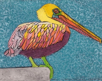 Pelican Art Print, Original Fine Art Collograph, Large Waterbird, Pelican on Blue 15