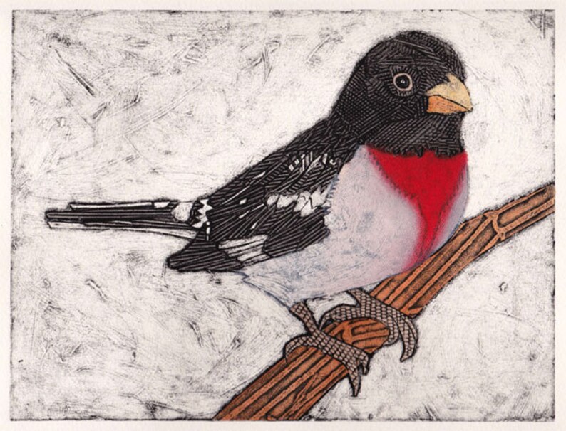 Collograph orange red berries Print branch Tufted Titmouse 6 Original Art green Little Gray Bird sky blue