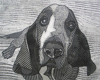 Basset Hound Art, Original Black and White Collograph, Print - Chester 5