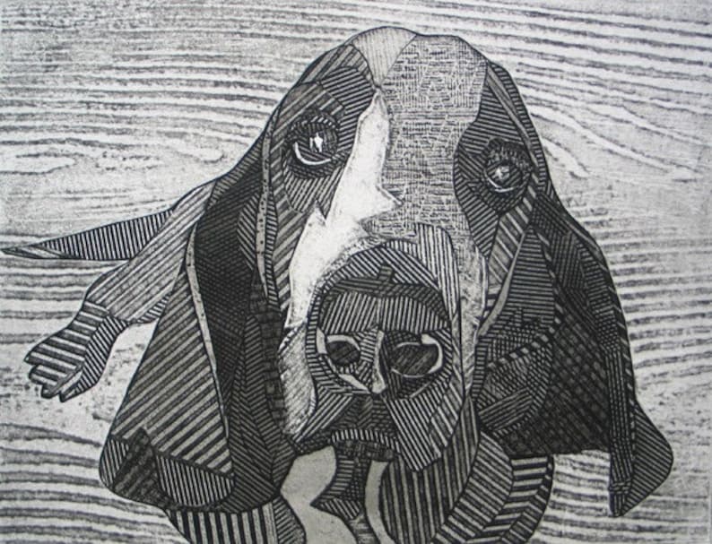 Basset Hound Art, Original Black and White Collograph, Print Chester 5 image 1
