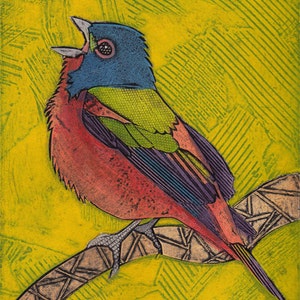 Painted Bunting Art, Original Bird Art, Collagraph, Bird Print Painted Bunting 9 image 1