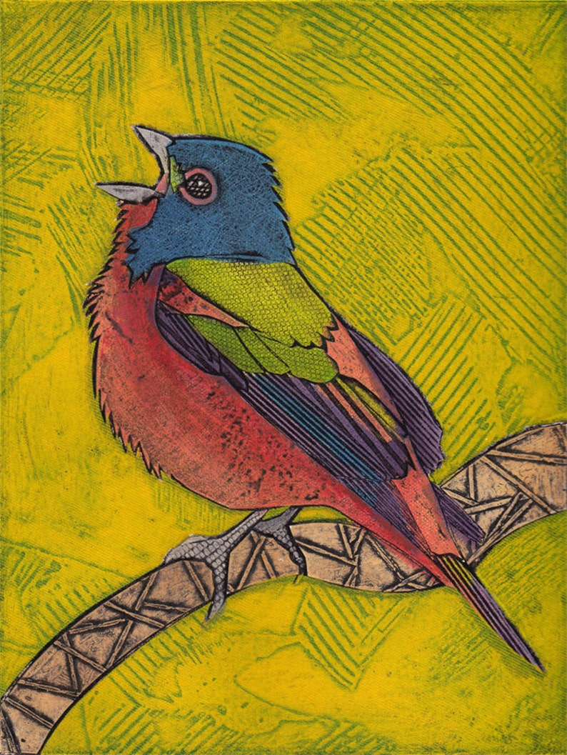 Painted Bunting Art, Original Bird Art, Collagraph, Bird Print Painted Bunting 9 image 1