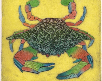 Blue Crab Art, Original Collograph Print, Seaside Art, Sealife Art - Blue Crab on Yellow 17