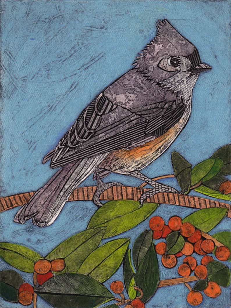 Collograph orange red berries Print branch Tufted Titmouse 6 Original Art green Little Gray Bird sky blue